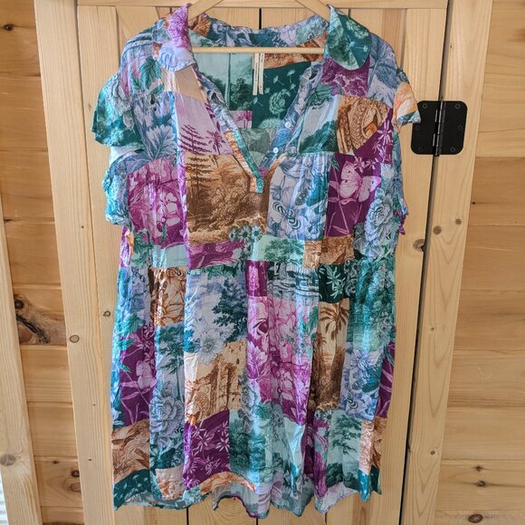 Anthropologie Flutter Sleeve Printed PJ Dress Size 2X Patchwork PJ Mini Collar - Picture 4 of 13